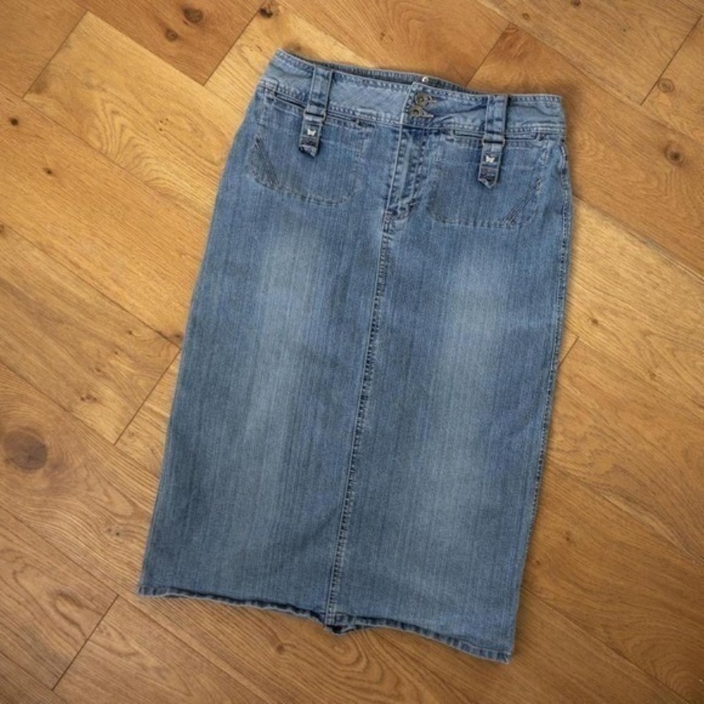 Vintage Y2K Route 66 Whimsigoth Stretch Fit Midi Denim Skirt Size 10 Mall Preppy